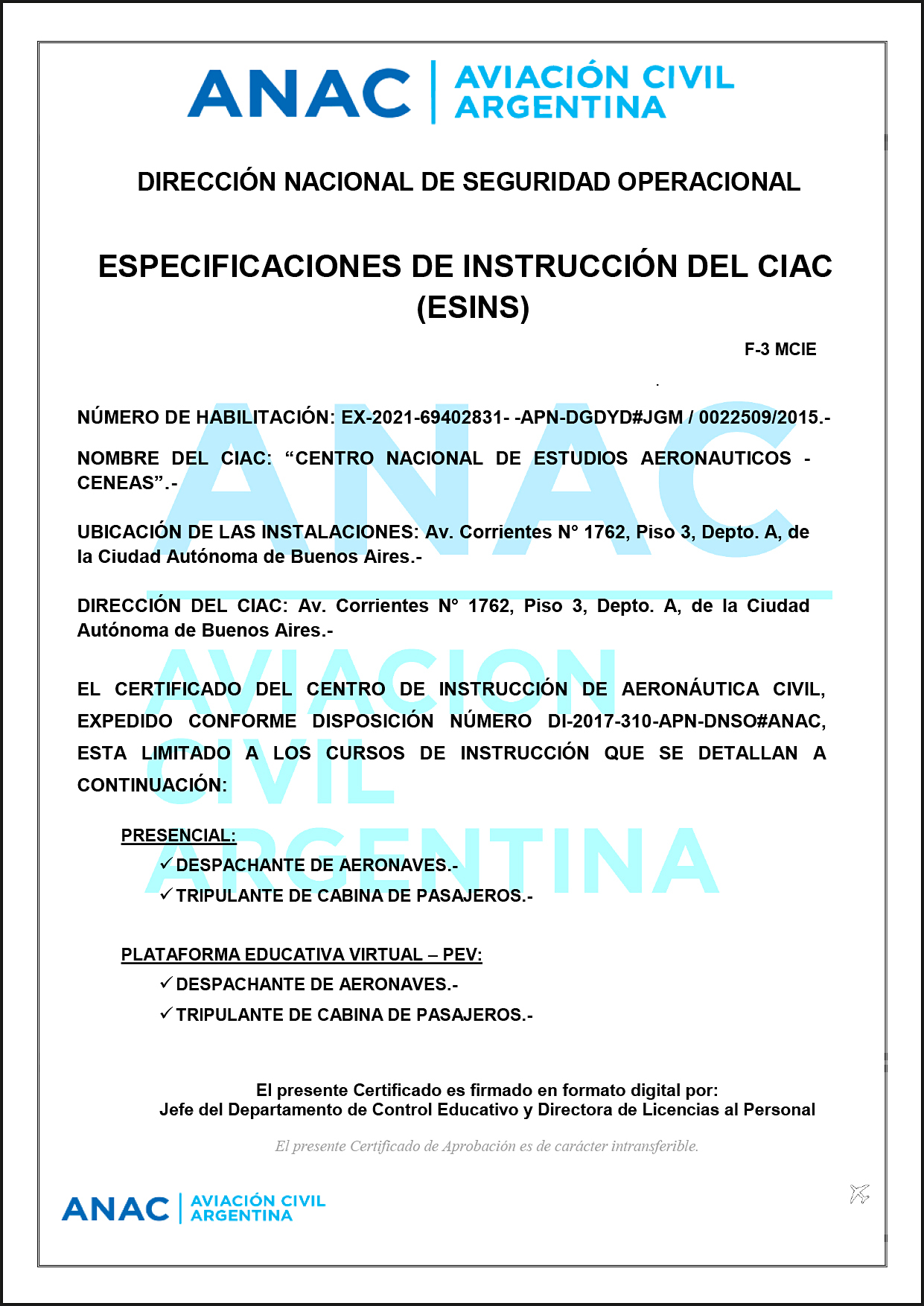 Especificaciones de Instrucci�n del CIAC (EINS)